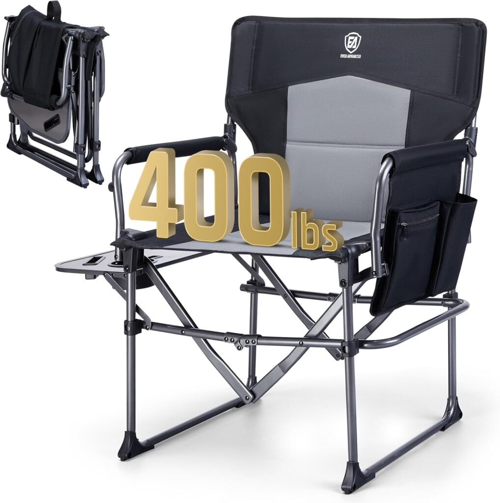 EVER ADVANCED Camping Directors’ Chair with Side Table, Portable Folding with Compact Size, Heavy Duty Lawn Chair with Pocket for Camping, Lawn, Sports and Fishing, 400lbs, Black