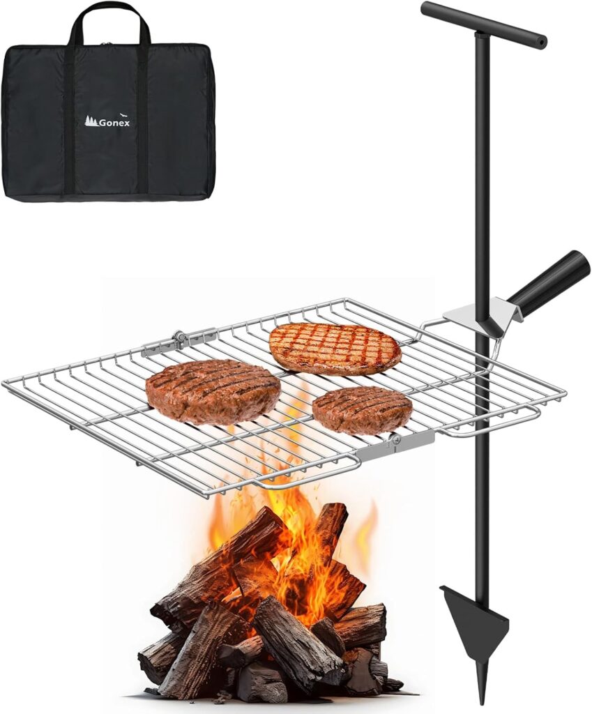 Gonex Portable Campfire Grill Grate for Fire Pit Foldable Stainless Steel Grill Height Adjustable Camping Cooking Equipment for RV Outdoor Backyard BBQ Courtyard 15.35″x18.3″