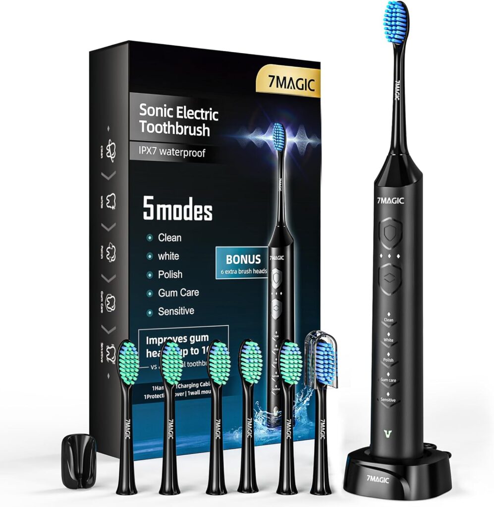 Electric Toothbrush for Adults, Sonic Toothbrush with 3 Intensity Levels & 5 Modes, One Charge for 90 Days, Rechargeable Electric Toothbrush with 6 Toothbrush Heads & 40,000 VPM Deep Clean(Black)