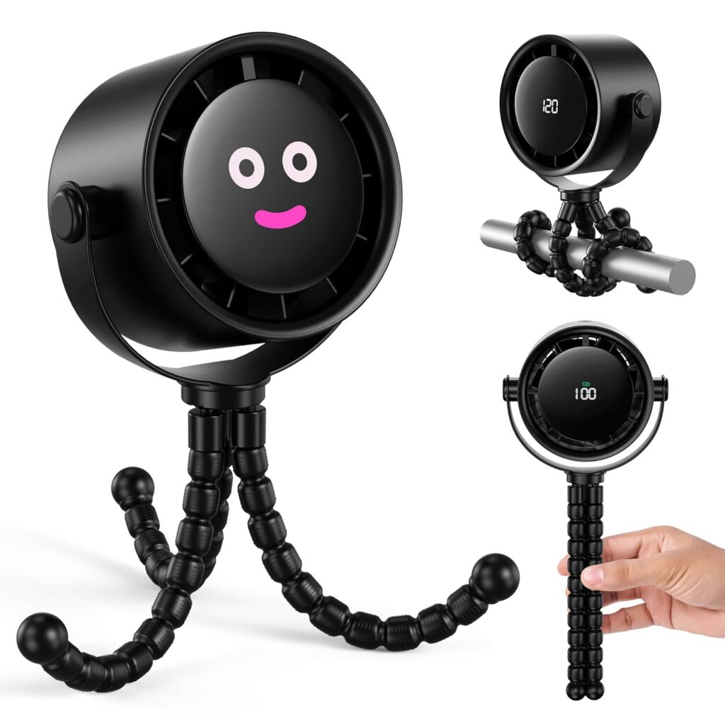 Koonie Portable Stroller Fan, Rechargeable Battery Operated, 5 Speeds with High-Speed Cooling, 17H Runtime, Digital Display, 360° Rotation, Ultra-Quiet, Flexible Tripod for Car Seats, Tents, Cribs