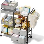 BBLIKE Diaper Caddy Organizer with Hanging Rack – 3 Tier Rolling Baby Storage Cart with Drawers and Side Pockets for Newborn Diaper Organization for Nursery, Crib, Bedroom, Changing Table, Gray