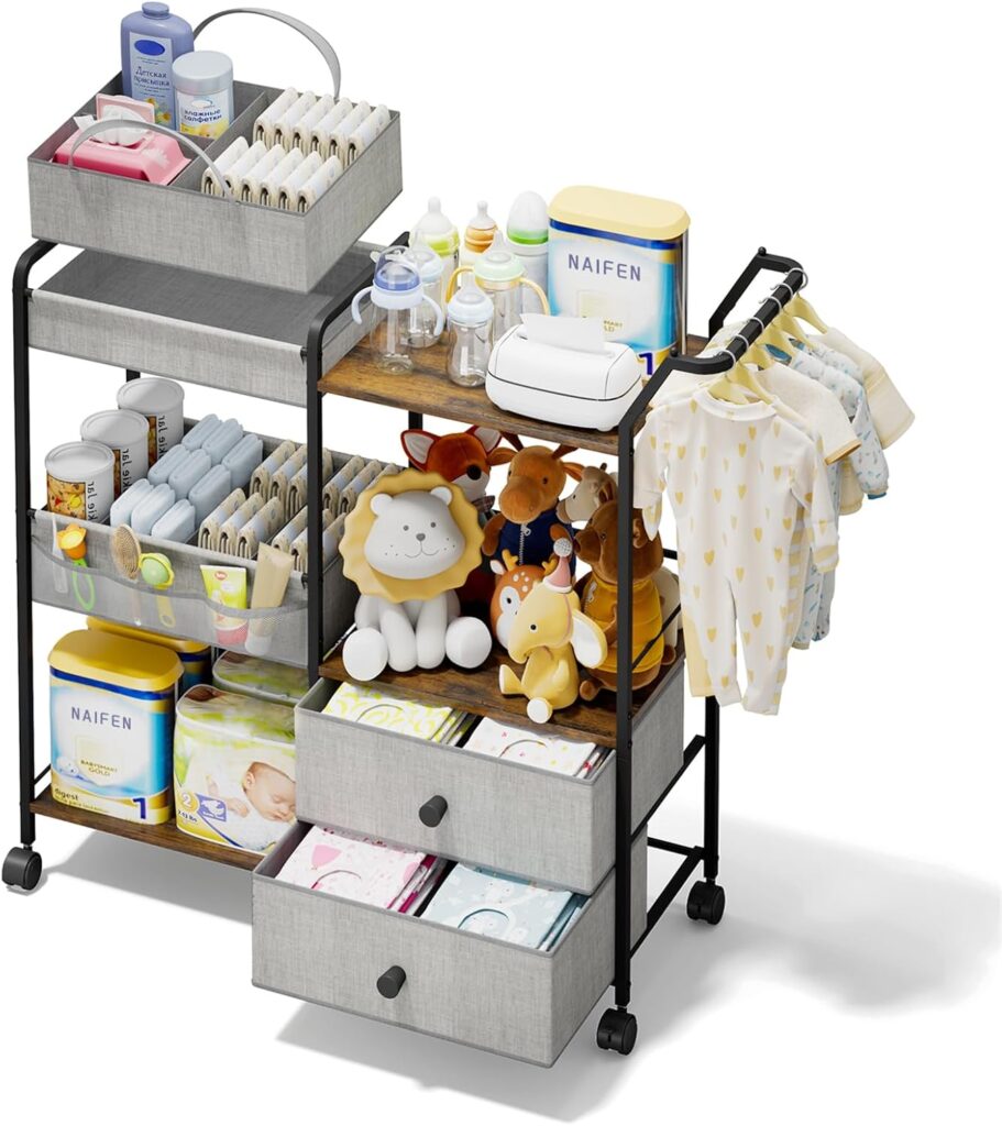 BBLIKE Diaper Caddy Organizer with Hanging Rack – 3 Tier Rolling Baby Storage Cart with Drawers and Side Pockets for Newborn Diaper Organization for Nursery, Crib, Bedroom, Changing Table, Gray