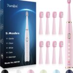 7AM2M Sonic Electric Toothbrush for Adults and Kids- High Power Rechargeable Toothbrushes with 8 Brush Heads,5 Adjustable Modes, Built-in 2-Minute Smart Timer,4 Hours Fast Charge for 30 Days(Pink)