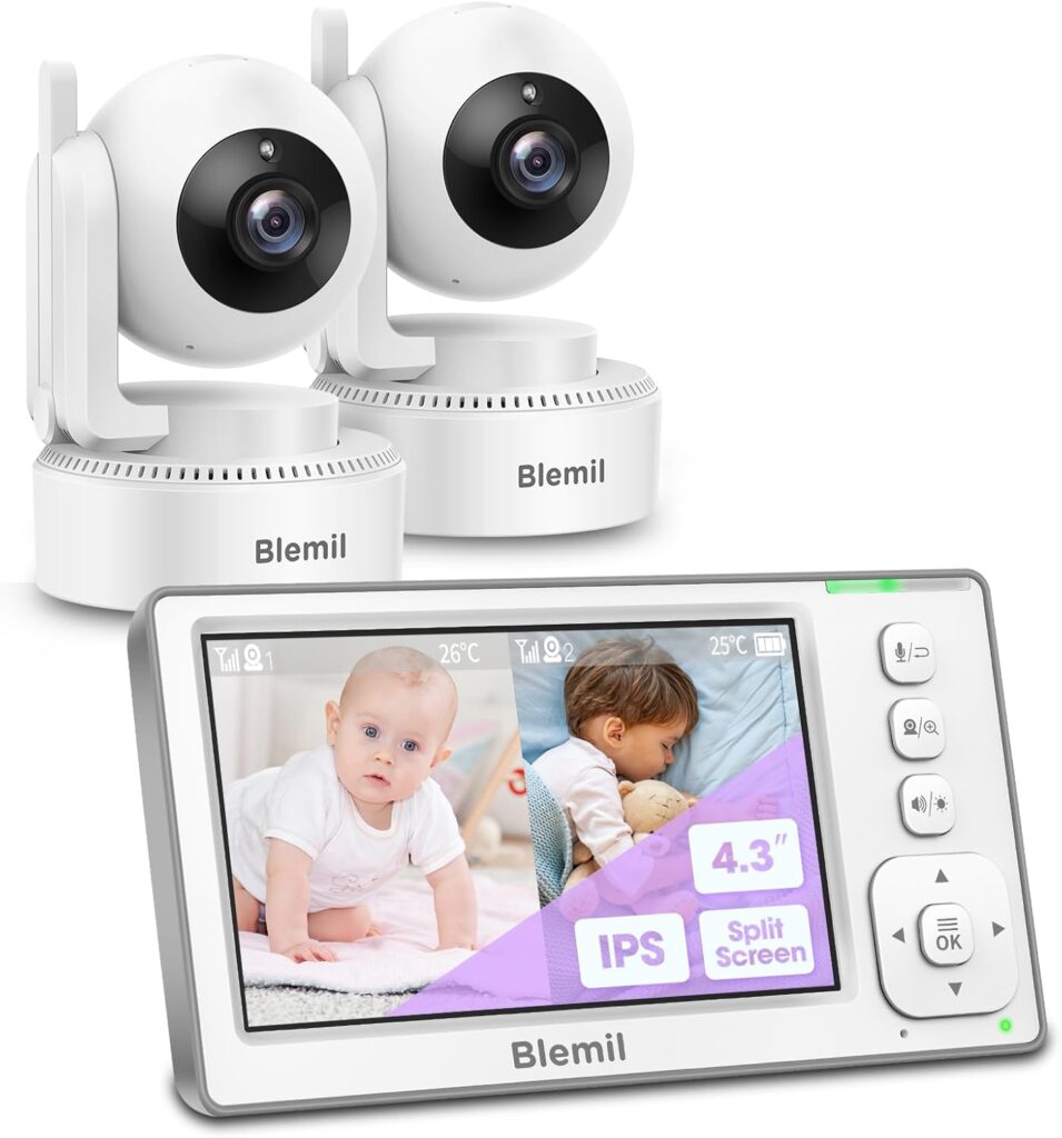 Blemil Baby Monitor with 2 Cameras and Audio, 4.3” IPS Split-Screen Monitor with 29-Hour Battery, 1000ft Range Pan-Tilt-Zoom Video Baby Monitor No WiFi, 2X Zoom