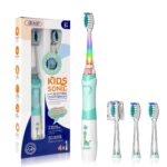 SEAGO Kids Electric Toothbrush with 2 Mins Brushing Timer and 4 Replacement Bursh Heads, Rainbow LED Light Make Brushing Fun, Green Color Boys Battery Powerd Toothbrush for 4-12 Years Old，SG-977