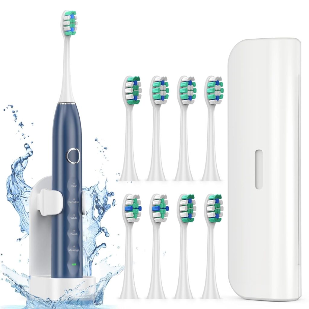 Electric Toothbrush for Adults with 8 Brush Heads, Sonic Toothbrush Rechargeable with a Holder & Travel Case, 2.5 Hours Charge for 120 Days Use – Blue