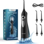 Mornwell Water Dental Flosser Teeth Pick for Teeth, Portable Cordless Water Flossers Oral Irrigator with 10 Intensity 4 Jet Rechargeable IPX7 Waterproof Water Tank Flosser Electric Travel (Black D)