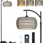 Arc Floor Lamp for Bedroom, Boho Standing Lamp with Remote & LED Smart Bulb, Rattan Floor Lamps for Living Room with 3 Color Temperatures, Height Adjustable Corner Tall Lamp, Stand up Light for Office