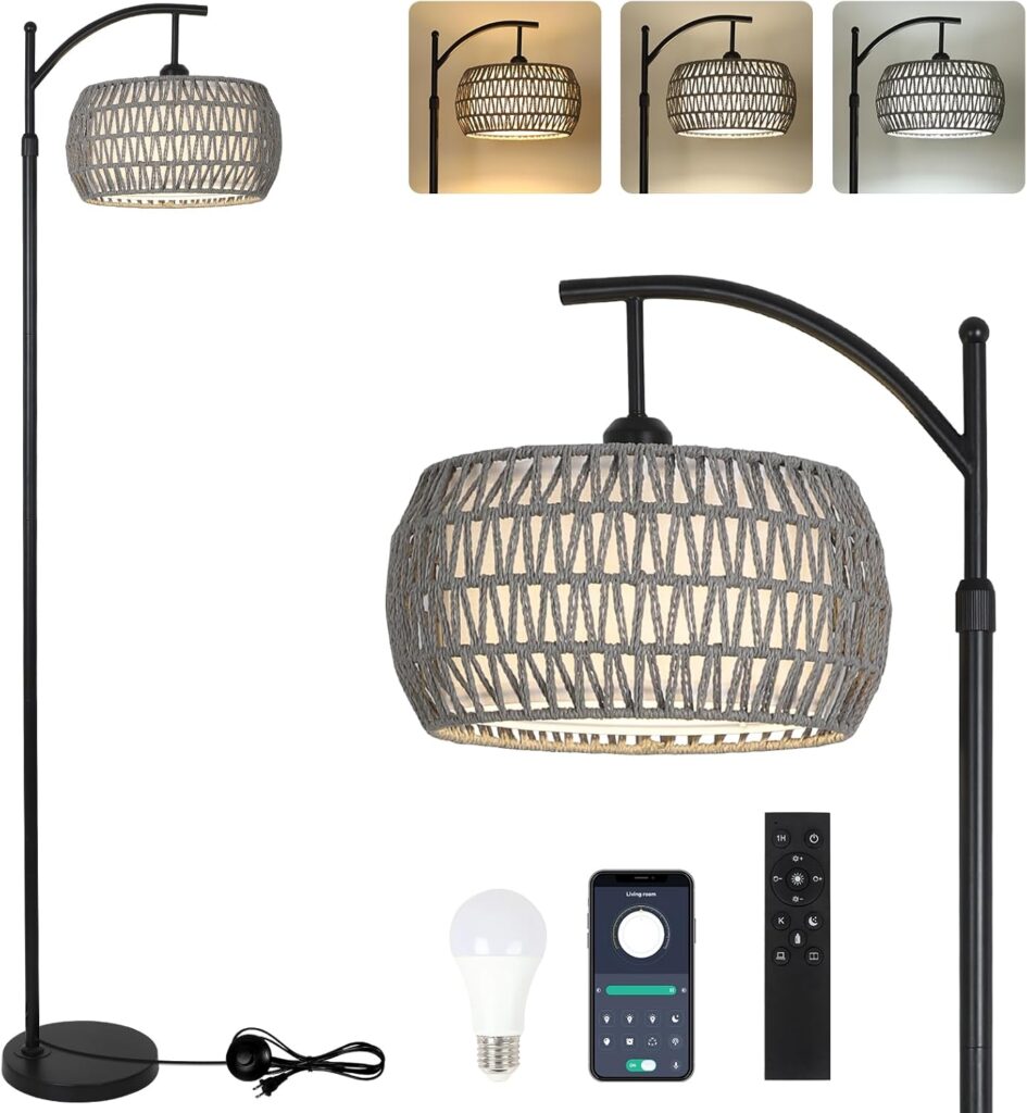 Arc Floor Lamp for Bedroom, Boho Standing Lamp with Remote & LED Smart Bulb, Rattan Floor Lamps for Living Room with 3 Color Temperatures, Height Adjustable Corner Tall Lamp, Stand up Light for Office
