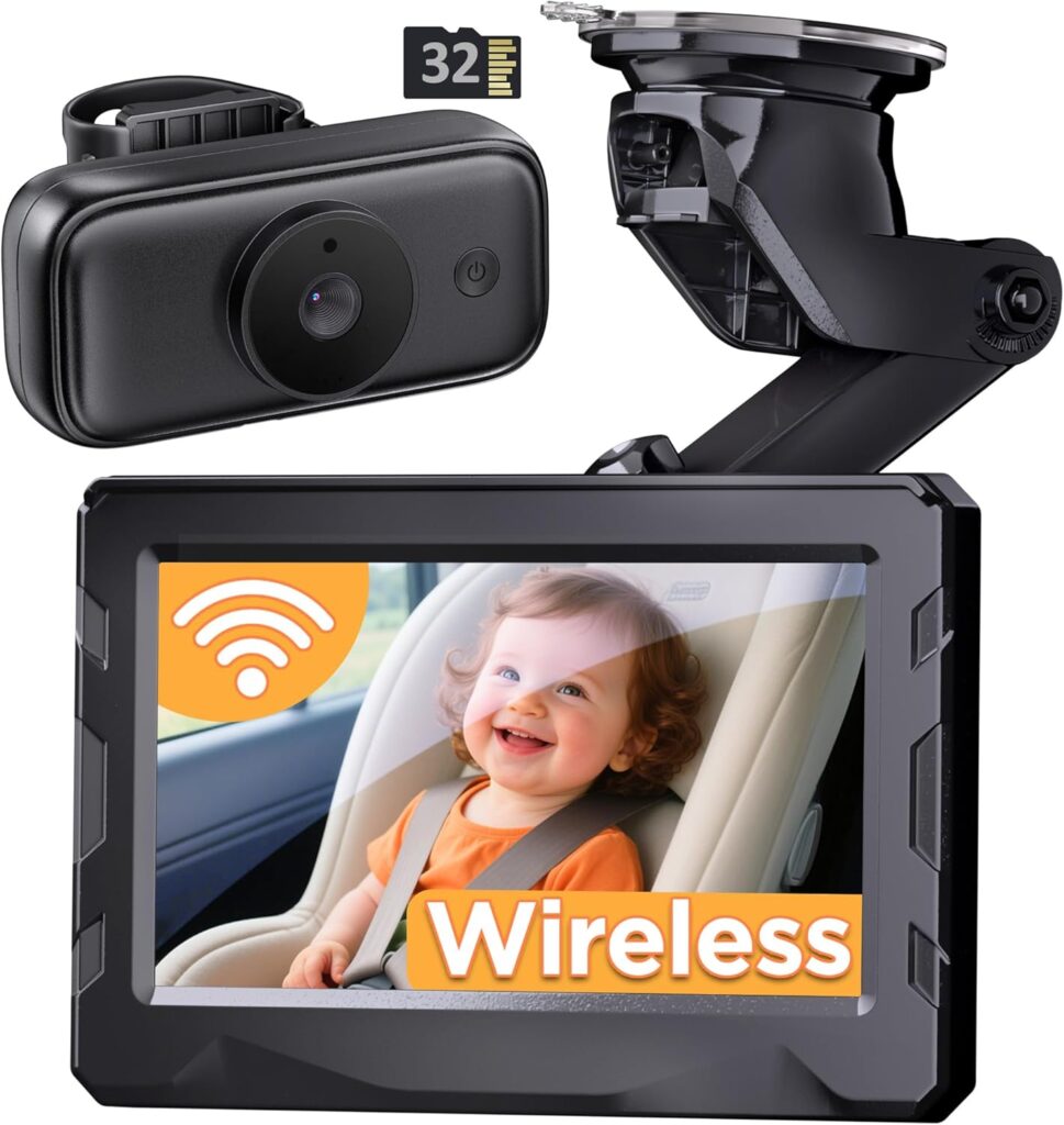 Wireless Baby car Camera – 40 Hours Battery Life& 940mn Night Vision, 4.3” HD Car Baby Monitor – 1080P Video & 360° Adjustable, Rear Facing Back Seat Camera – Essentials for Newborn Families