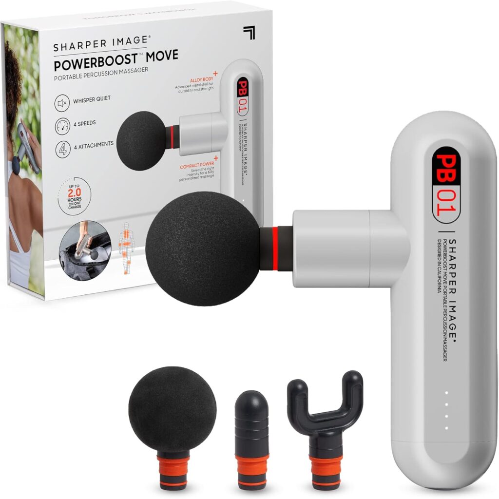 Sharper Image Powerboost Move – Mini Percussion Massage Gun| 4 Attachments, 4 Speeds| Full Body Back & Shoulder Massager| Muscle Recovery & Pain Relief| Deep Tissue Massage Tool| Wellness Gift