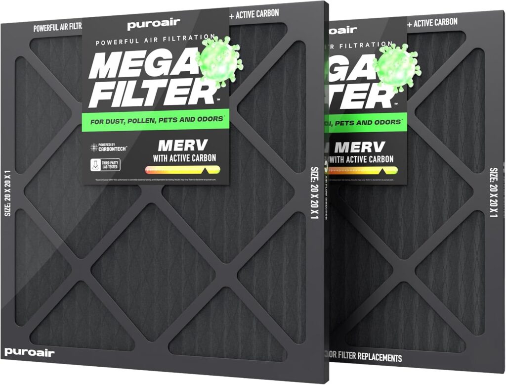 PuroAir Mega Filter – MERV 13 20x20x1 Air Filters For Home With Activated Carbon – Filters Allergens, Pet Dander, Smoke, Dust – Furnace and AC Filters – Air Filters 20x20x1 MERV 13 (2 Pack)
