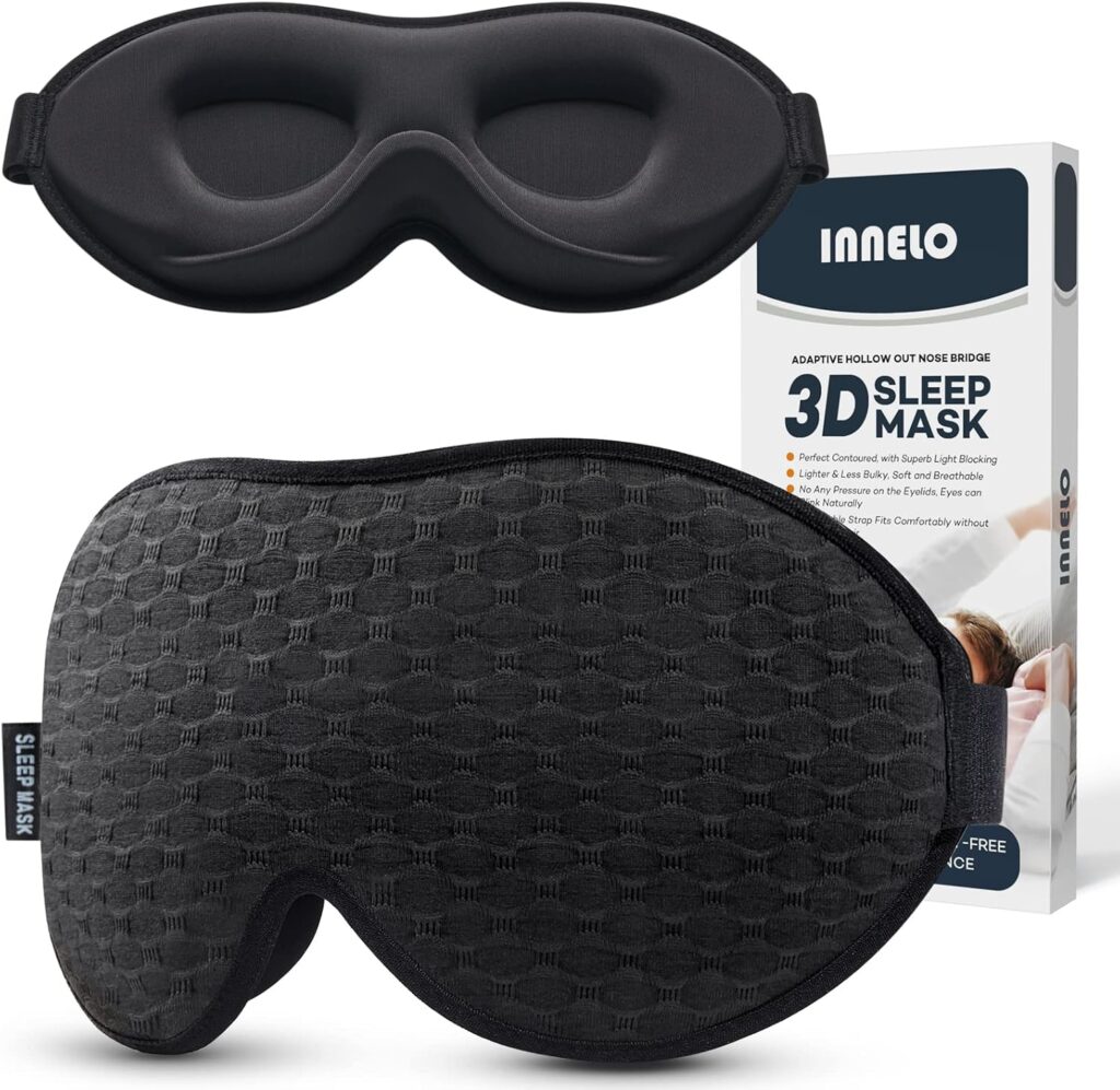 INNELO 3D Contoured Sleep Mask for Side Sleepers, 100% Light Blocking Sleeping Mask for Men & Women, Soft, No Pressure on Eyes, Airplane Blindfold for Travel, Night Eye Cover for Nap, Yoga, Black