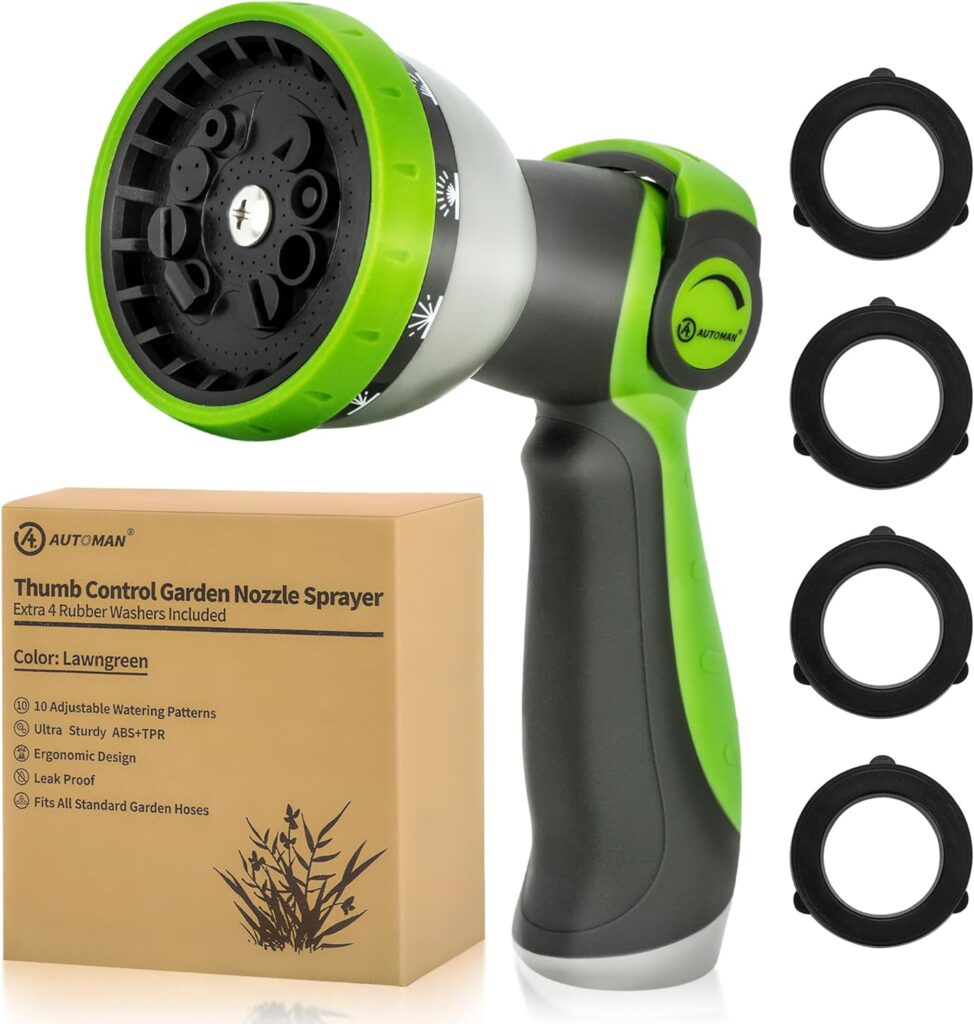 AUTOMAN Garden Hose Nozzle Sprayer – 10 Spray Patterns, Thumb Control On Off Valve, Durable Water Nozzle, Extra 4 Washers, for Watering Garden, Cleaning, Washing Car, Showering Pets Lawngreen