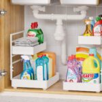 EVERIE Height Adjustable 2 Tier Metal Pull Out Slide Shelf Organizer for Framed or Frameless Under Sink Cabinets in Kitchen, Bathroom, with Snap-on Top Tray (White, 2 Sets)