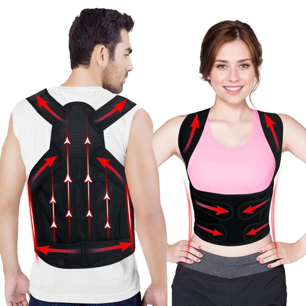 Posture Corrector for Women & Men – Adjustable Shoulder Straps with 4 Support Rods, Breathable Mesh Support Brace for Upper Pain Relief, Improve Hunching, Slouching, Sitting Posture (Black, Medium)