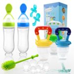 Food Feeder Baby Fruit Feeder Pacifier (3 Pcs) with 6 Different Sized Silicone Pacifiers 2 PCS Silicone Babies Food Dispensing Spoon 90ML with 2 Baby Spoons Bottle Brush Pacifier Clip