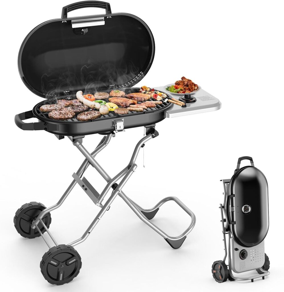 Joy Pebble Portable Propane Gas Grill, 15000BTUS,BBQ Gas Grill with 348 SQ Inch Large Cooking Areas, Sturdy Quick-Fold Legs, Portable & Foldable BBQ Grill for Outdoor Camping/Tailgating/Picnic, Black