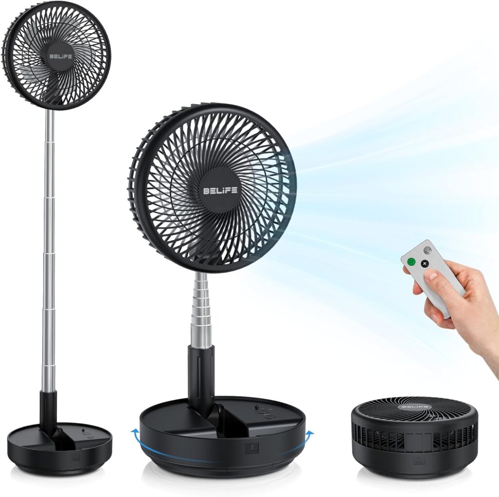 Belife X8 Portable Fan, 7200mAh Battery Powered Rechargeable, Oscillating USB Desk Floor Fan with Remote, Foldable Telescopic Fan for Home Bedroom Sleeping Office Camping Travel, 7.7″ (Black)