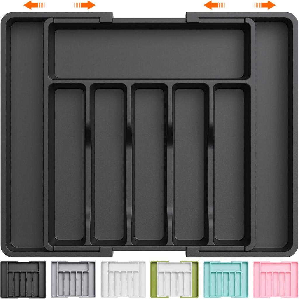 Lifewit Large Silverware Drawer Organizer, Expandable Utensil Tray for Kitchen, BPA Free Flatware and Cutlery Holder, Adjustable Plastic Storage for Spoons Forks Knives, Large, Black