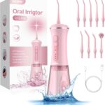 Sejoy Water Flosser for Teeth Cleaning and Flossing, Tooth Flosser Electric Cordless Portable Water Dental Flosser, 350ML 5 Modes 9 Jet Tips, for Daily Oral Care, Pink