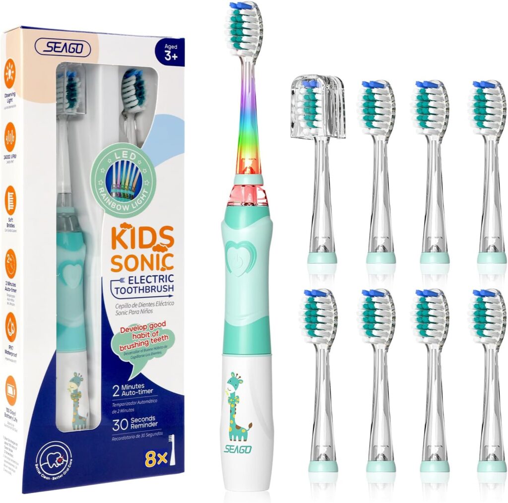 SEAGO Kids Electric Toothbrush with 2 Mins Brushing Timer and 8 Replacement Bursh Heads,Rainbow LED Light Make Brushing Fun, Blue Color Boys Battery Powerd Toothbrush for 4-12 Years Old