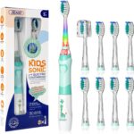SEAGO Kids Electric Toothbrush with 2 Mins Brushing Timer and 8 Replacement Bursh Heads,Rainbow LED Light Make Brushing Fun, Blue Color Boys Battery Powerd Toothbrush for 4-12 Years Old