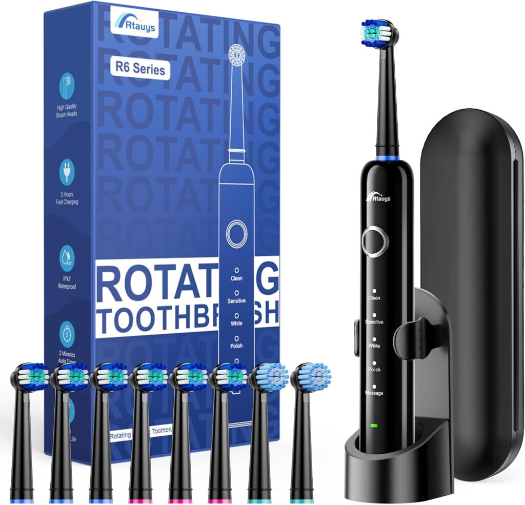 Rtauys R6 Rotating Electric Toothbrush for Adults, Fast Charge, Come with 8 Brush Heads (2 Types) and Travel Case, 5 Modes, 50000VPM Powered Toothbrush, 2 Minute Timer