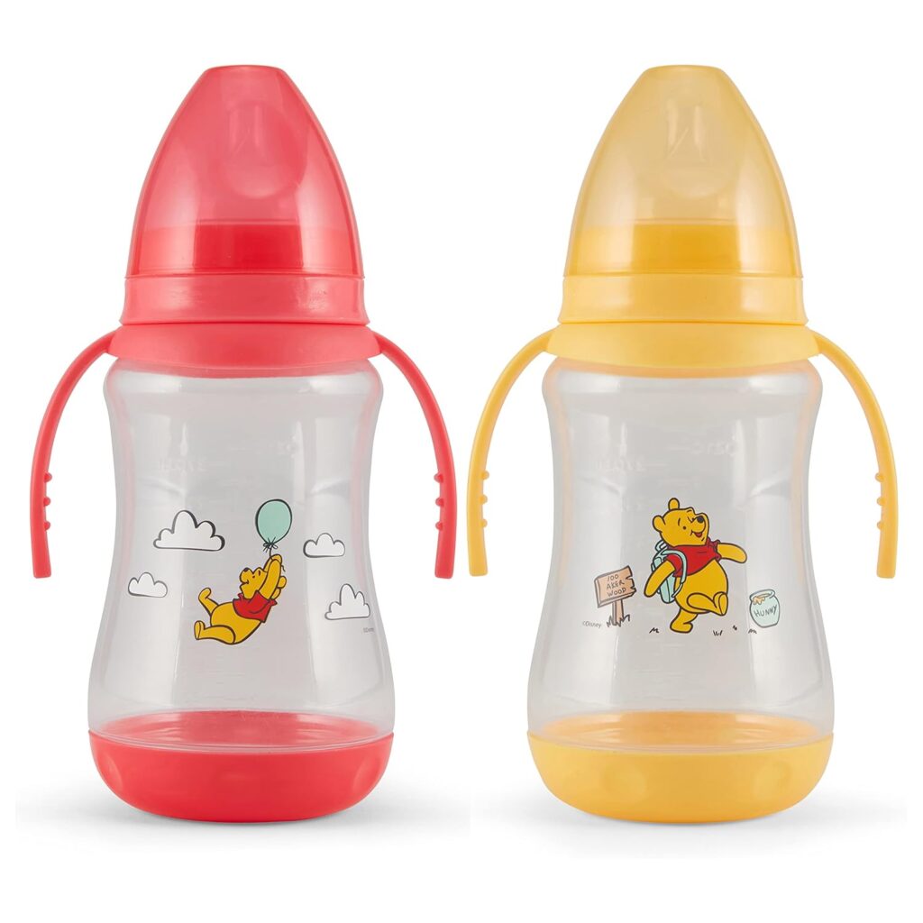 Disney 2 Pack 10 Ounce Baby Bottles with Character Prints and Colored Covers with Double Handle – BPA Free and Easy to Clean