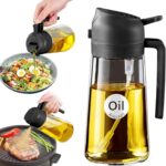 YARRAMATE 16oz/470ml Glass Olive Oil Sprayer for Cooking with Stickers, 2 in 1 Oil Dispenser for Kitchen Gadgets, Food Grade Premium Spray Bottle with Portion Control for Salad, Frying, BBQ (Black)