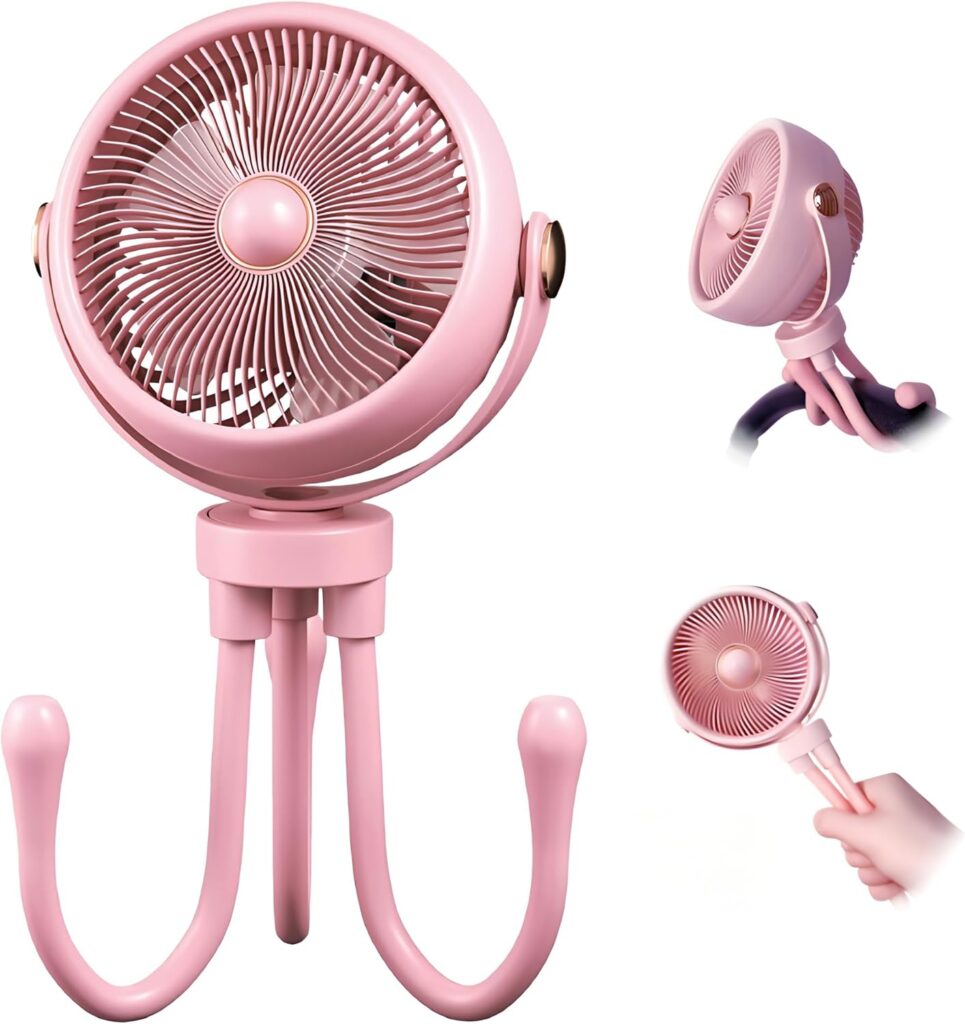 Rechargeable Stroller Fan for Baby – 360° Rotatable Portable Clip-On Fan with Night Light, 3-Speed Quiet Cooling, USB Rechargeable for Car Seat,Crib,Bike,Travel,Treadmill,Desk (Pink)
