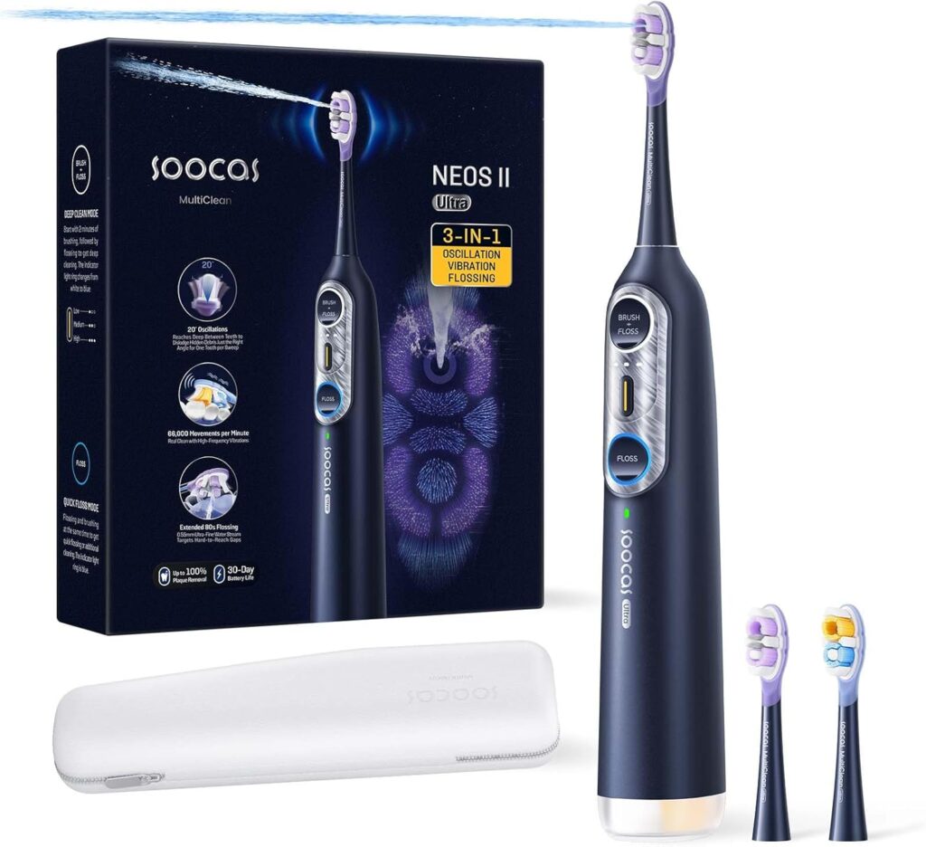 Soocas NEOS II Ultra – Electric Toothbrush with Water Flosser Combo, 3-in-1: Flosses, Vibrates and Oscillates, Flossing Toothbrush for Adults, Cordless Water Flosser for Travel, Midnight Blue