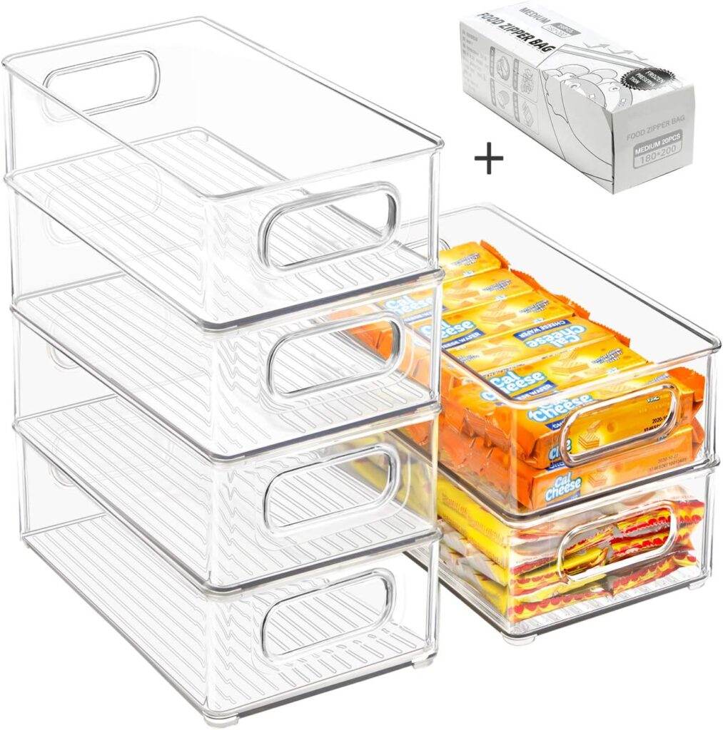 Stackable Refrigerator Organizer Bins, 6 Pack Clear Kitchen Organizer Container Bins with Handles and 20 PCS Plastic Bags for Pantry, Cabinets, Shelves, Drawer, Freezer – Food Safe, BPA Free 10″L