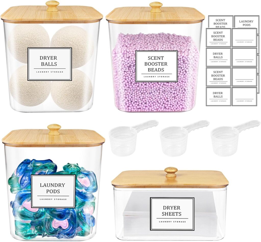 Laundry Pods Storage Container with Wooden Lids & Labels for Detergent Powder, Scent Booster for Laundry Room Organization, Clear, 3+1 Pack