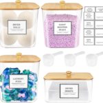 Laundry Pods Storage Container with Wooden Lids & Labels for Detergent Powder, Scent Booster for Laundry Room Organization, Clear, 3+1 Pack