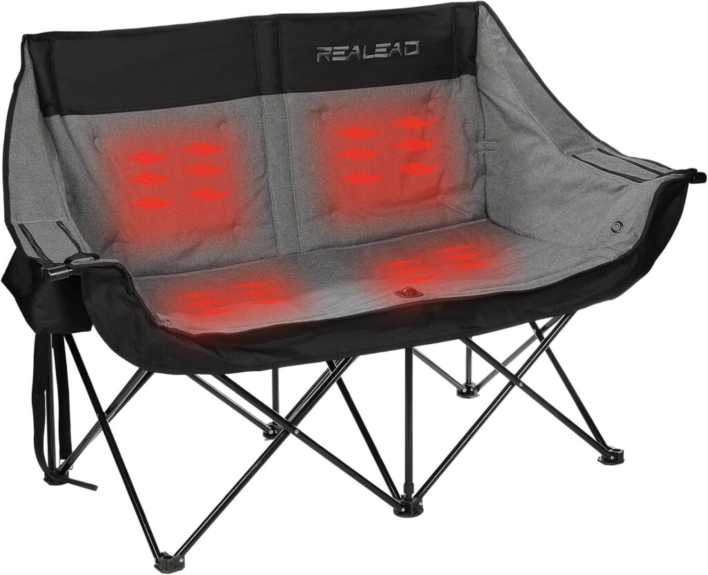 REALEAD Heated Double Camping Chair, 3 Heat Levels and 4 Heating Zones, Portable Heated Loveseat Chair for Outdoor Sports Support 650lbs, Heating Folding Chairs for Outside, Battery NOT Included