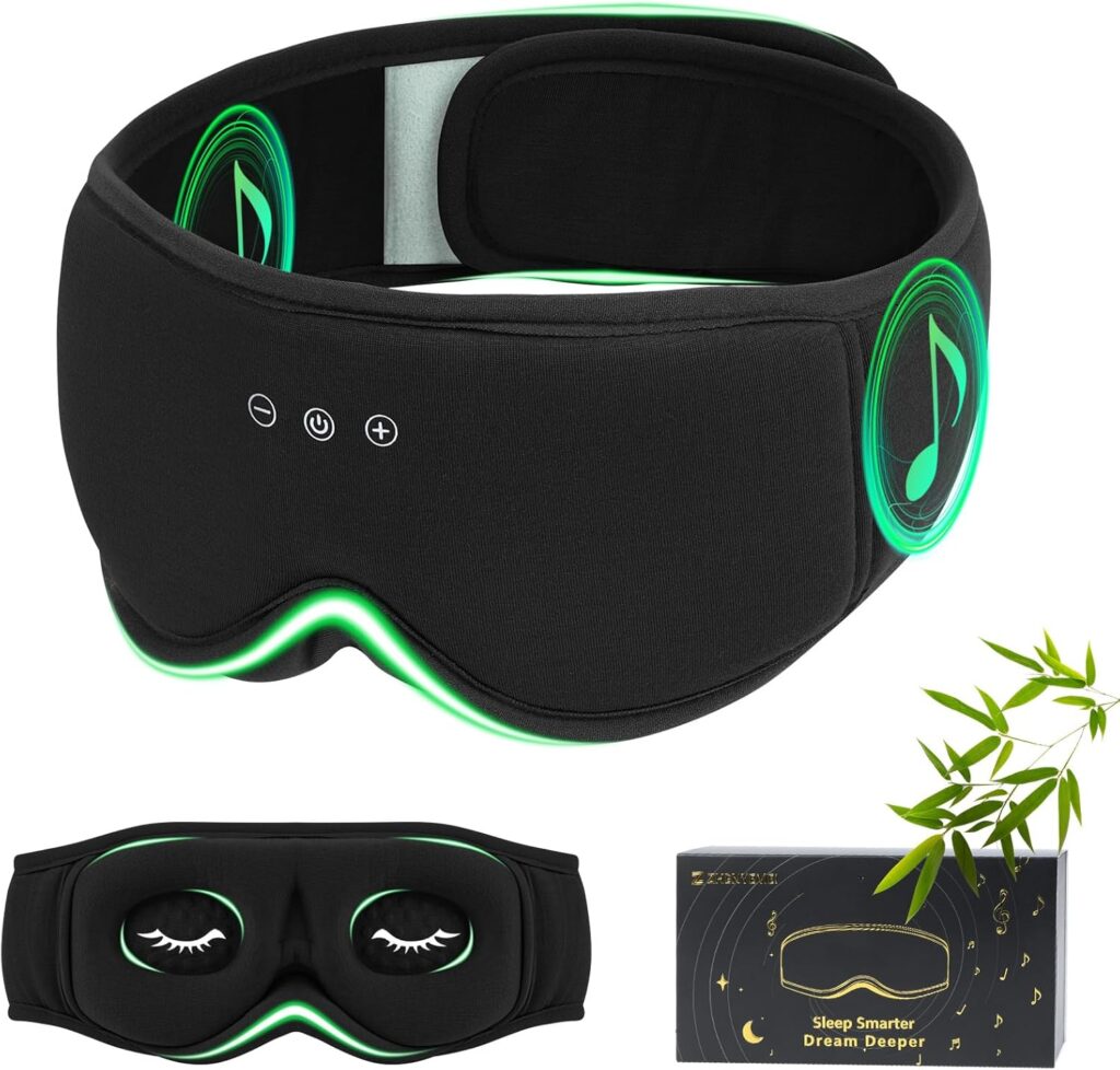 Bamboo Cotton Sleep Mask with Bluetooth Wireless Headphones – Blackout Eye Mask for Sleeping 3D Contoured Sleep Headband Ear Muffs Lengthen & Low Noise Hook for Better Experience (Black)
