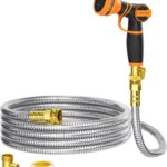 Girafe Tools Garden Hose 25ft x 5/8″, 304 Stainless Steel Metal Water Hose, No Kink Garden Water Hose with 9 Pattern Spray Nozzle, Flexible, Lightweight, Kink Free Hose for Yard, Outdoor