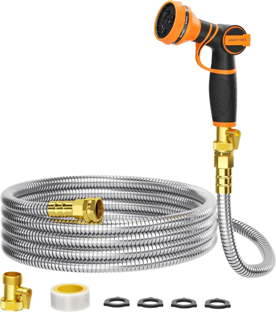 Girafe Tools Garden Hose 25ft x 5/8″, 304 Stainless Steel Metal Water Hose, No Kink Garden Water Hose with 9 Pattern Spray Nozzle, Flexible, Lightweight, Kink Free Hose for Yard, Outdoor