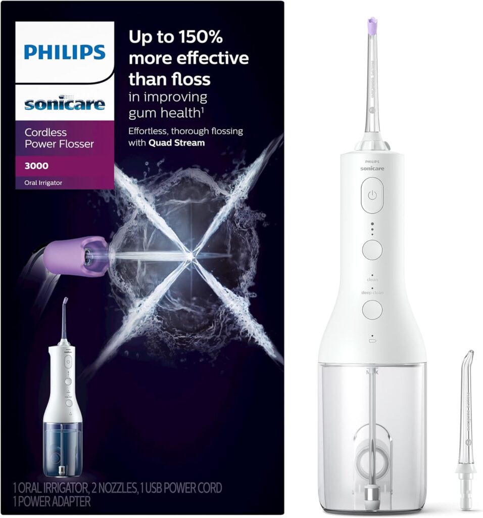 Philips Sonicare Cordless Power Flosser 3000 – Water Flosser with Innovative Quad Stream Technology, Oral Irrigator with 2 Flossing Modes and 3 Pressure Levels, IPX7 Waterproof, White, HX3826/21