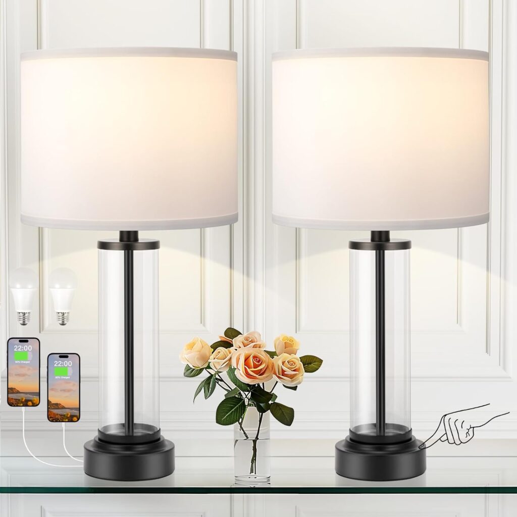 Black Bedroom Lamps Set of 2 – Touch Bedside Lamp for Night Stands with USB C+A, 3 Way Dimmable Nightstand Table Lamps for Living Room, Modern Glass Lamp for Bed Side Guest Room