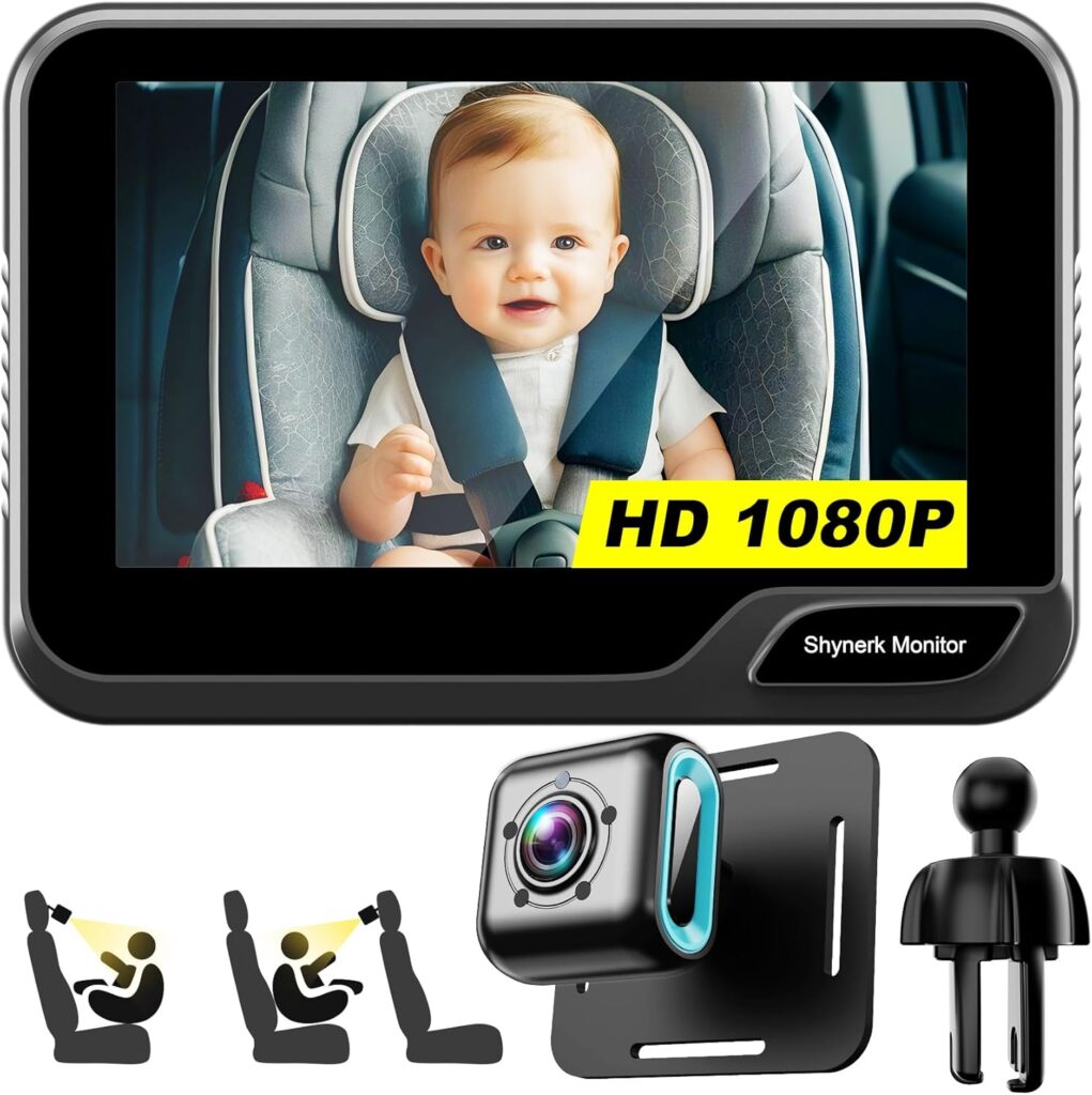 Baby Car Mirror, 4.3” HD Night Vision Function Mirror Display, Wide View Baby Car Camera Monitor 1080P Rear Facing Monitor, 360 Rotation Backseat Camera Black YB-405CA
