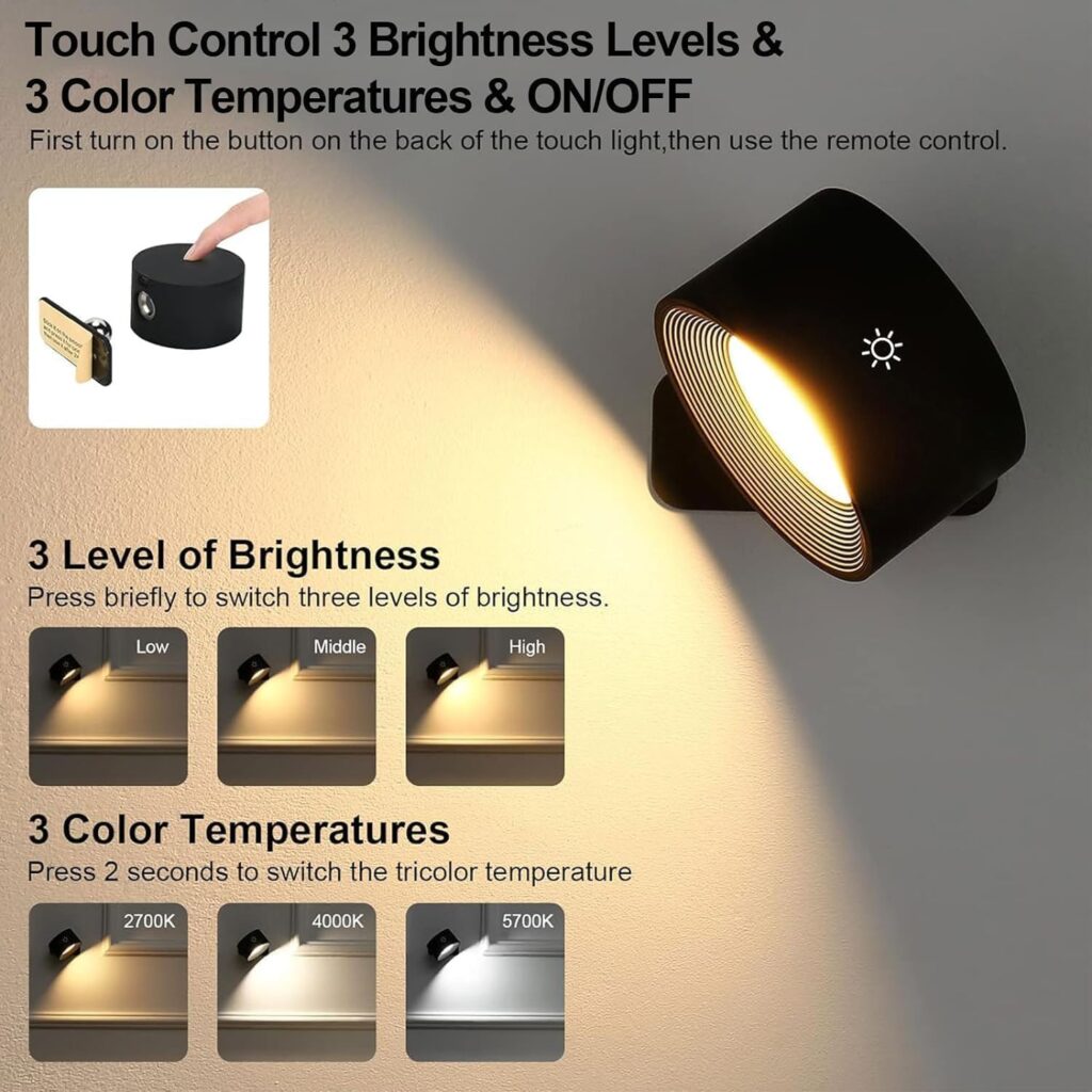 Lightess Smart LED Wall Sconces Set of 2, Dimmable Wall Mounted Lamp with RGB Mode & APP Control, 5000mAh Rechargeable Battery Operated Wall Light for Bedroom Reading Bedside, Black
