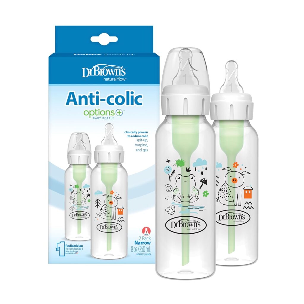 Dr. Brown’s Natural Flow Anti-Colic Options+ Narrow Baby Bottle, Pig & Frog, 8 oz/250 mL, with Level 1 Slow Flow Nipple, BPA Free, 0m+, 2-Pack