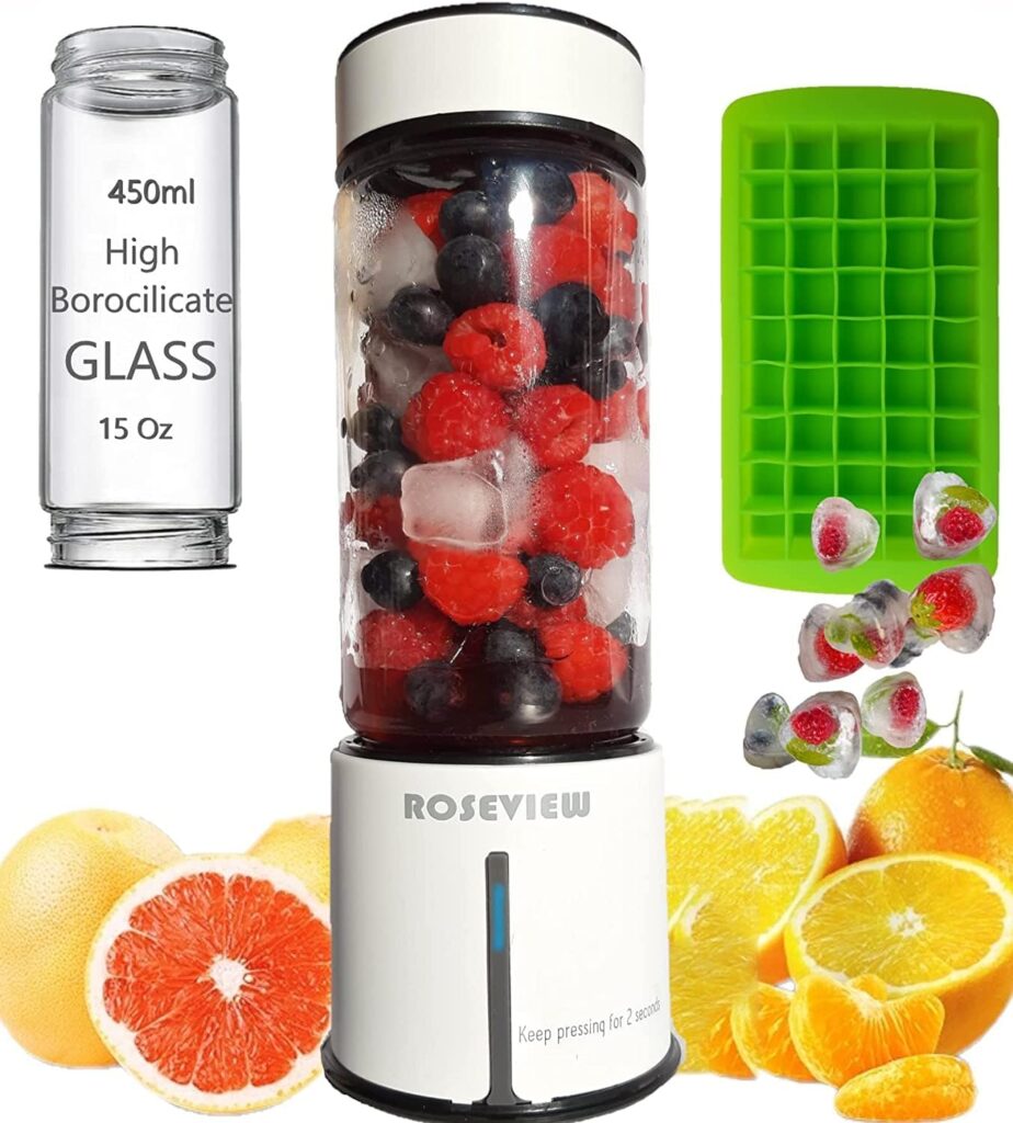 Portable Smoothie blender ROSEVIEW Glass bottle USB rechargeable mini Handheld Ice Shakes Cup 2 speed blend juicer Cordless Personal smoothies maker Fruit mixer (White)