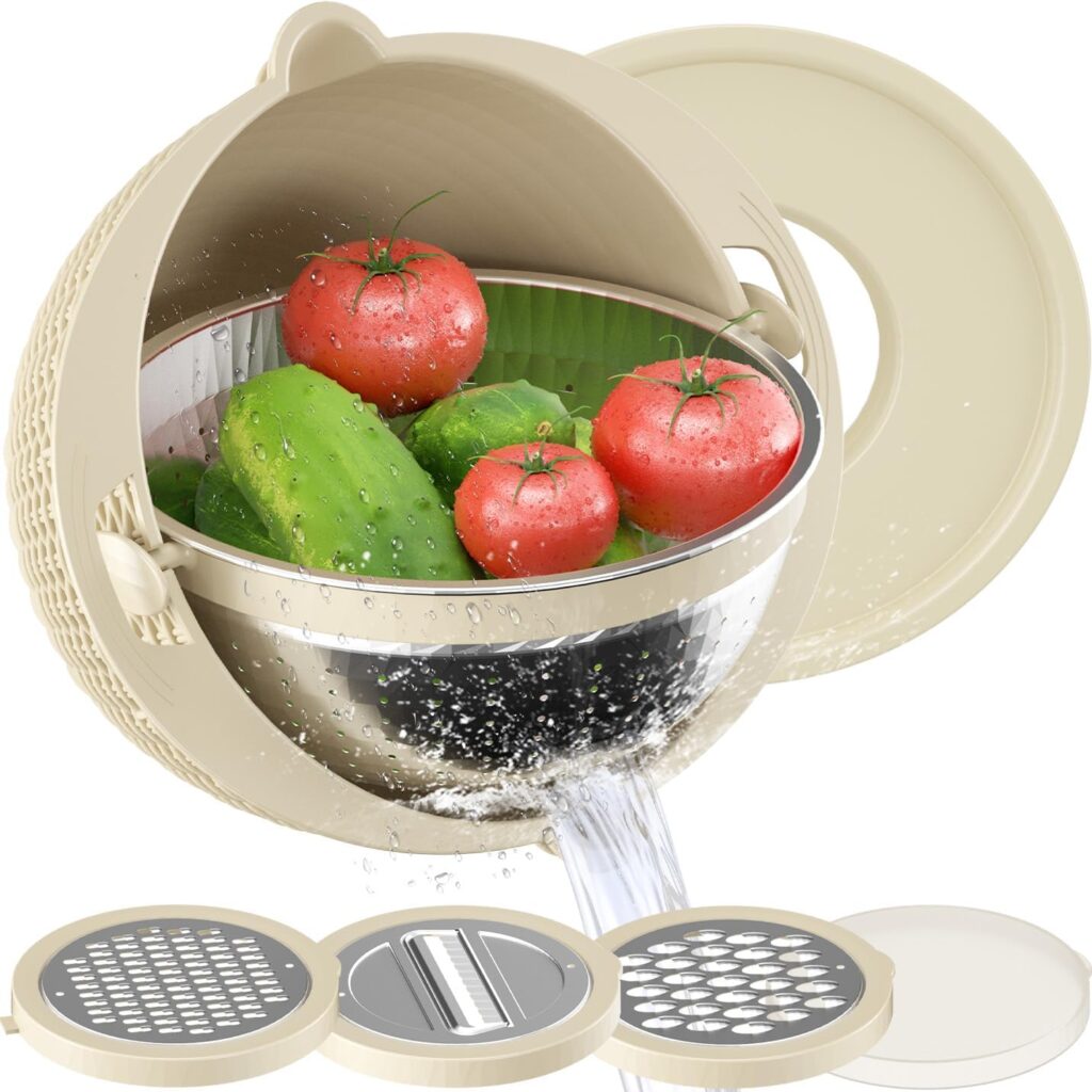 4-1 Colander with Bowl Set – Rotatable Strainers for Kitchen, Food Strainers and Colanders, Funny Presents for Women, Fruit Cleaner, Veggie Wash, Aesthetic Kitchen Gadget Essentials – Beige