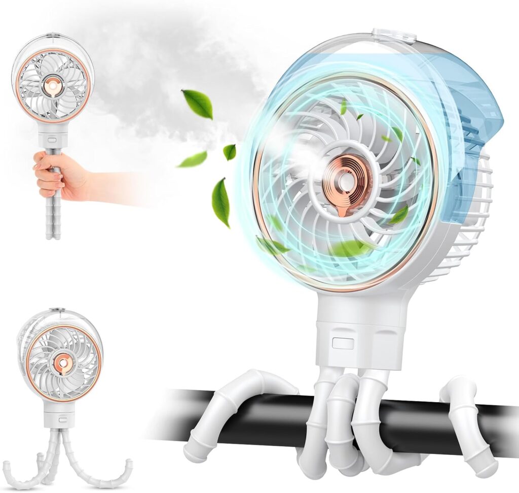 Ausic Misting Baby Stroller Fan, Portable Clip on Fan with Mist – Detachable Tripod, Baby Essentials Outdoor Rechargeable Battery Operated Fans, Cooling Spray Fans for Crib Car Travel Camp Golf Cart