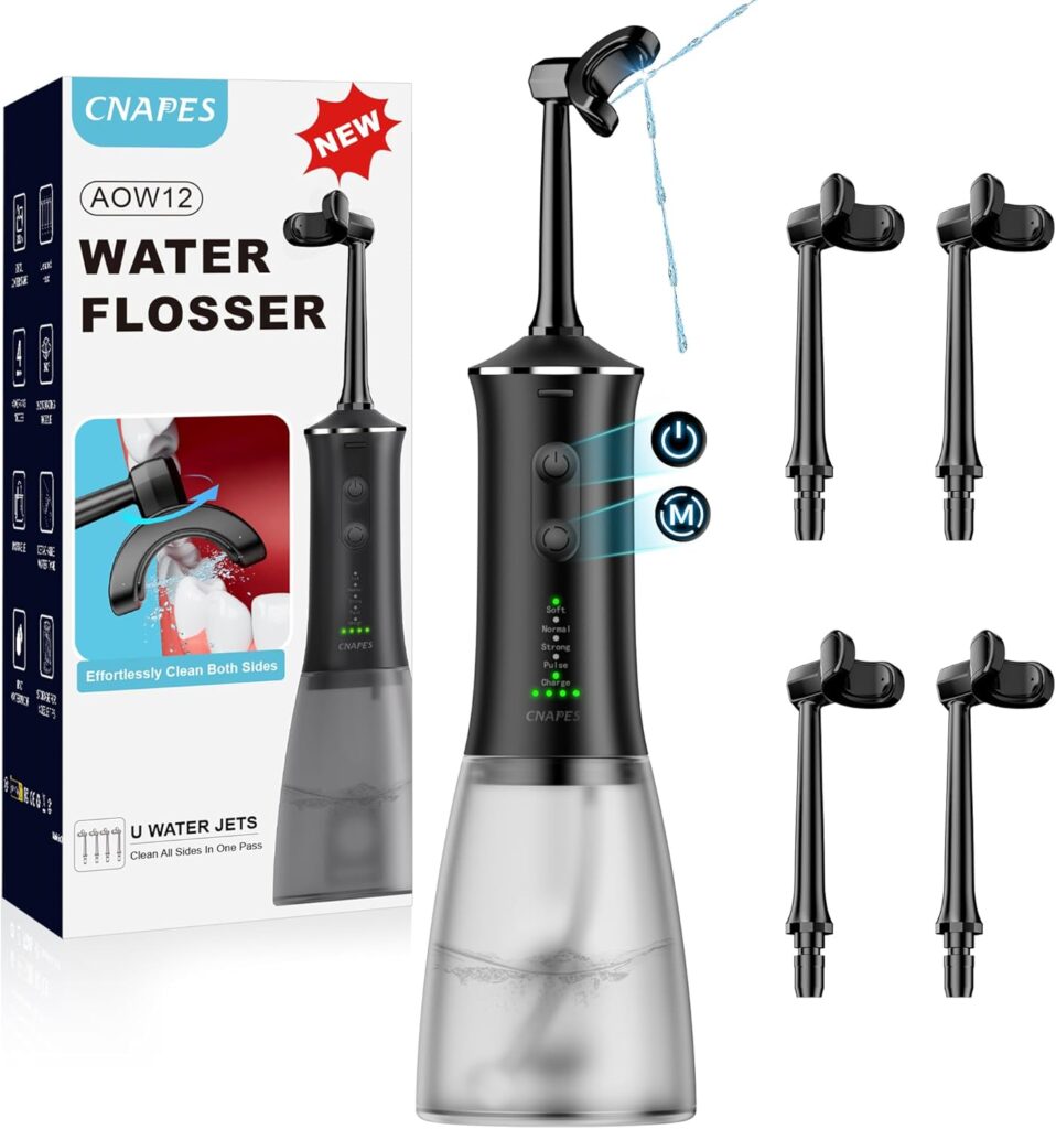Cordless Water Dental Flosser with 4 U-Shaped Jet – Travel-Friendly, 350ML Larger Tank, 4 Modes & 4 Speeds, 360° Nozzle, Powerful Battery, Cleans Inner/Outer Teeth in One Pass