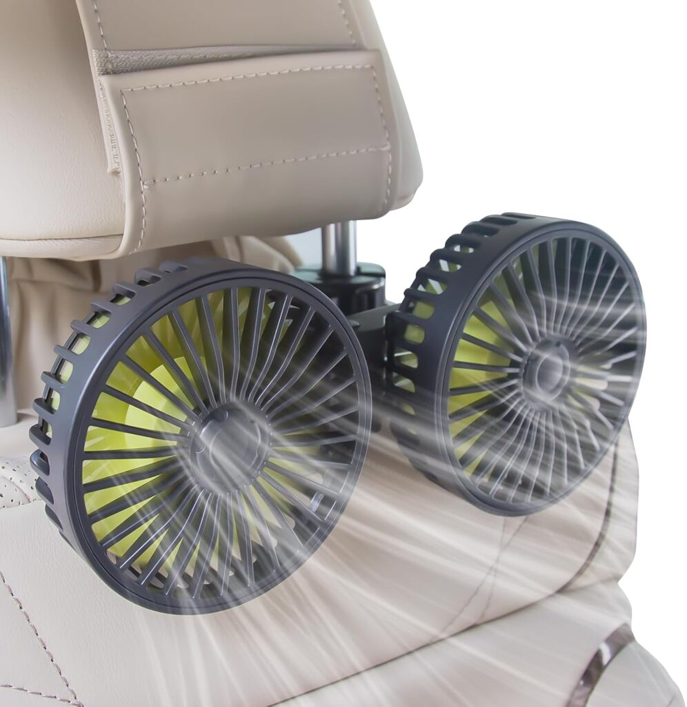 XOOL Car Fans for Backseat – Dual Head USB Cooling Car Fan for Kids, 360° Rotatable Car Rear Headrest Fan, Air Circulation Fan with Adjustable Clip for Vehicles SUV RV Truck