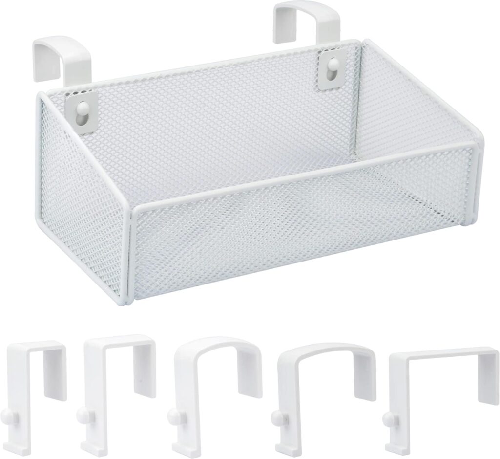 Bedside Caddy Hanging Storage Basket Beside Shelf Metal Organizer for Collage Dorm Bunk Bed,Hospital Bed,Baby Bed – Bedroom Essentials for Magazine,Remote Control,Phone,Drinks (White)